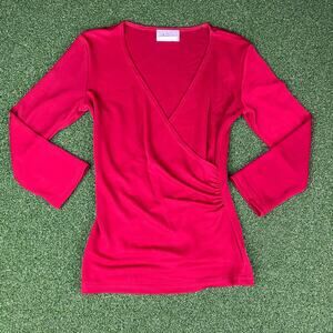 Vintage 90s Y2K IZ Byer Red Wrap Style 3/4 Sleeve V Neck Blouse Sz M
